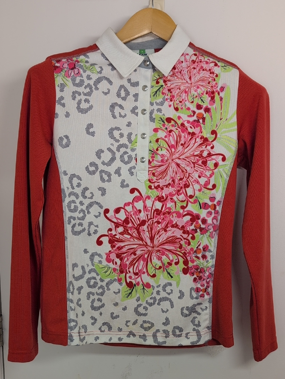 DAILY SPORTS XDS FLORAL LEOPARD PRINT GOLF POLO TOP LONG SLEEVE SIZE M